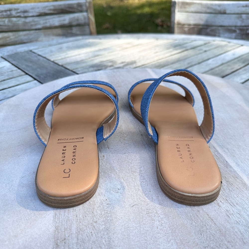 Lauren Conrad LC Womens Slide Sandals Size 8 Blue Denim Double Strap Flat Slides - Picture 2 of 13